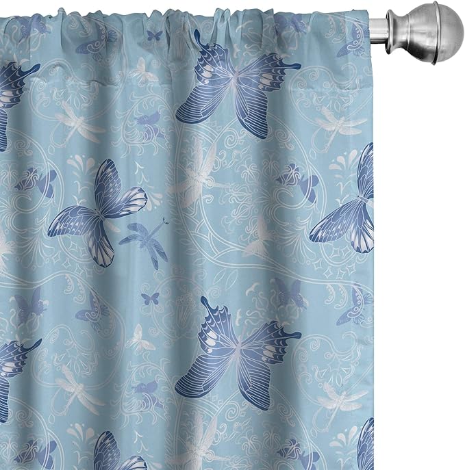 Ambesonne Butterfly Window Curtains, Pastel Color Dragonflies Floral Arrangement Swirls Curves Spring, Lightweight Decor 2-Panel Set with Rod Pocket, Pair of - 28" x 95", White Blue