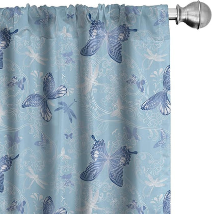 Ambesonne Butterfly Window Curtains, Pastel Color Dragonflies Floral Arrangement Swirls Curves Spring, Lightweight Decor 2-Panel Set with Rod Pocket, Pair of - 28" x 95", White Blue