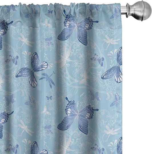 Ambesonne Butterfly Window Curtains, Pastel Color Dragonflies Floral Arrangement Swirls Curves Spring, Lightweight Decor 2-Panel Set with Rod Pocket, Pair of - 28" x 84", White Blue