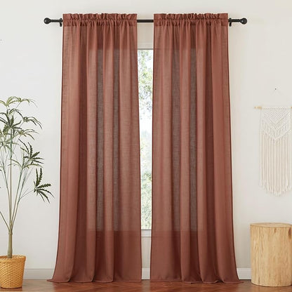 RYB HOME Terracotta Curtains Linen Blend Fall Drapes Semi Sheer Light Filtering Privacy Protected Window Curtains for Living Room, Bedroom, Home Office, Doorway, W 52 x L 84, 2 Panels Set
