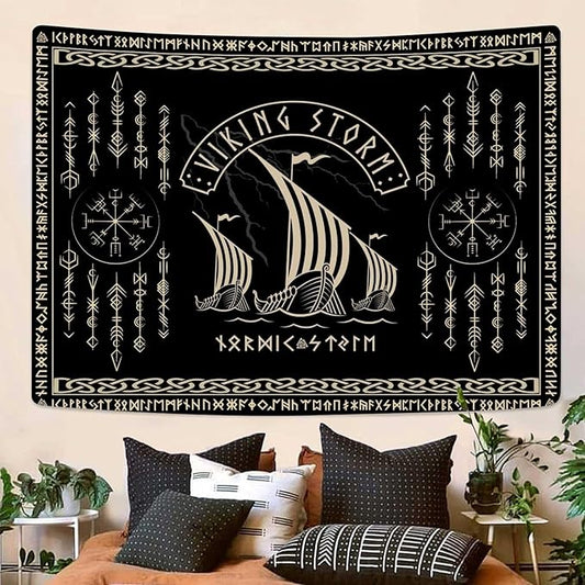 OSUNBD Viking Warship Tapestry Wall Hanging - Large 106x70 inches Storm & Celtic Runes on Soft Flannel Aesthetic Mythology Tapestries Norse Mythology Art for Bedroom, Living Room Decor