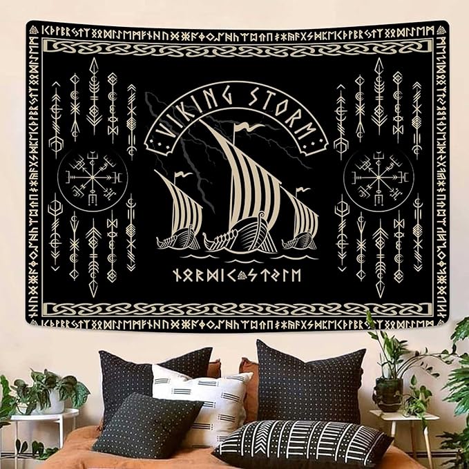 OSUNBD Viking Warship Tapestry Wall Hanging - Large 100x90 inches Storm & Celtic Runes on Soft Flannel Aesthetic Mythology Tapestries Norse Mythology Art for Bedroom, Living Room Decor