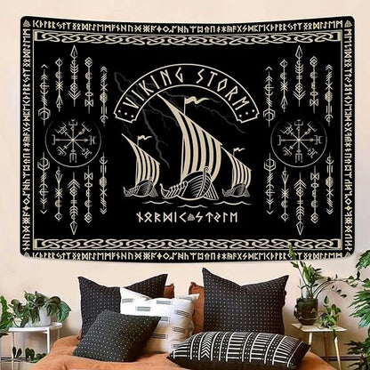 OSUNBD Viking Warship Tapestry Wall Hanging - Large 100x90 inches Storm & Celtic Runes on Soft Flannel Aesthetic Mythology Tapestries Norse Mythology Art for Bedroom, Living Room Decor