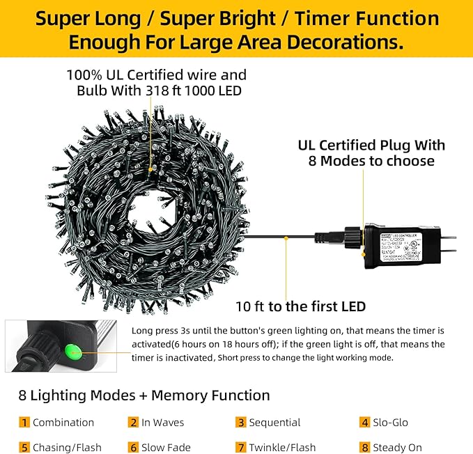 1000 LED 328ft 8 Modes with Timer Christmas String Lights IP55 Outdoor Waterproof UL Certificated Indoor Fairy Lights Garden Patio Wedding Christma Trees Parties Decoration Warm White