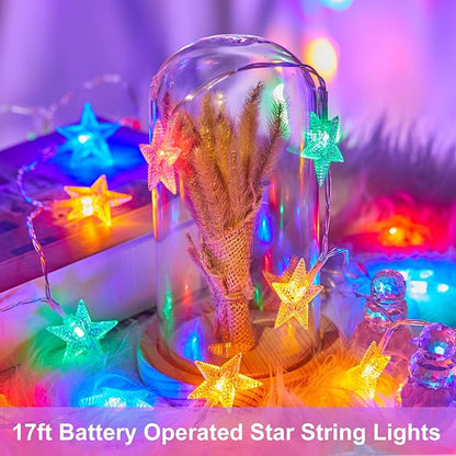 Minetom Star String Lights Battery Operated - 2 Pack 17 ft 50 LED Star Fairy String Lights with Timer, Waterproof for Indoor Bedroom Tent Loft Bed Patio Party Wedding Decor, Multi-Color