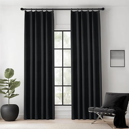 KangBang Black Pinch Pleated Curtains Blackout 84 Inch Length 2 Panels Set, Thermal Insulated Pleated Drapes with Hooks for Bedroom Living Room, Elegant Modern Window Panels, Black, 40Wx84L