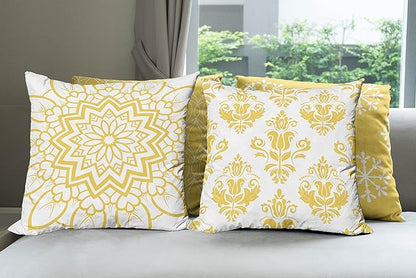 Ambesonne Retro Throw Pillow Cushion Case Pack of 4, Trellis Grid Medieval Floral Damask Mandala Flower Ornament in Modern Monochrome, Modern Accent Double-Sided Digital Printing, 20", Earth Yellow