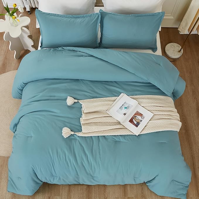 Litanika Grayish Teal Comforter Set California King Size, 3 Pieces Cal King Lightweight Solid Bedding Comforter Set, All Season Fluffy Bed Set (104x96In Comforter & 2 Pillowcases)