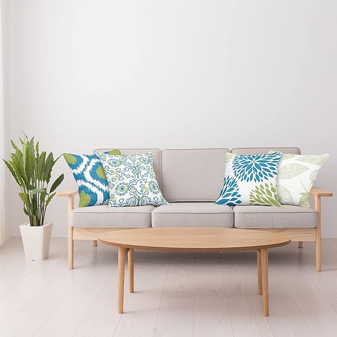 Ambesonne Vintage Throw Pillow Cushion Case Pack of 4, Bohemian Ornamental Leaves Dahlia Pattern Geometric Art Curlicue Motif, Modern Accent Double-Sided Digital Printing, 16", Blue Olive Green White