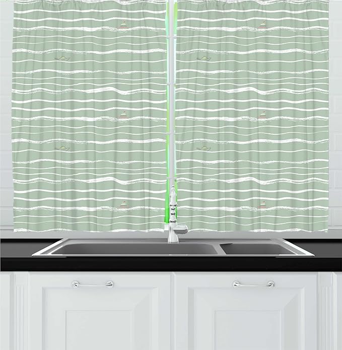 Lunarable Nautical Kitchen Curtains, Pattern of Hand Drawn Waves with Boats Floating, Window Drapes 2 Panel Set for Kitchen Cafe Decor, 55" x 24", Pale Sage Green White Pale Green Pale Rust