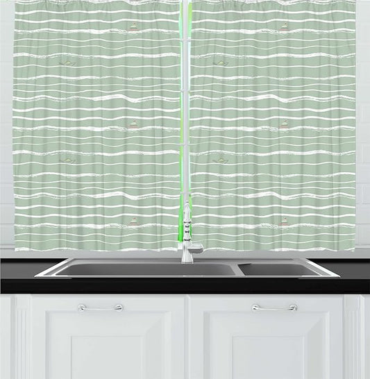 Lunarable Nautical Kitchen Curtains, Pattern of Hand Drawn Waves with Boats Floating, Window Drapes 2 Panel Set for Kitchen Cafe Decor, 55" x 24", Pale Sage Green White Pale Green Pale Rust