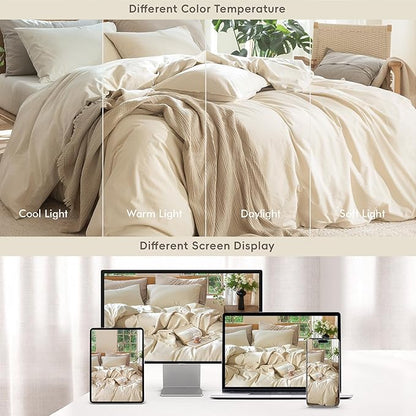MooMee Bedding Duvet Cover Set 100% Washed Cotton Linen Like Textured Breathable Durable Soft Comfy (Heathered Almond Milk Grey, Oversized King Plus 128"x120")