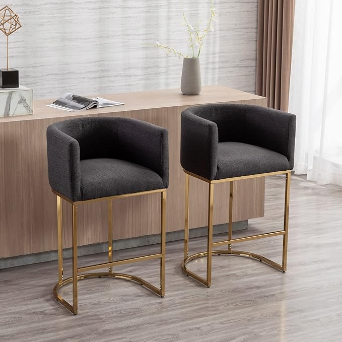 Modern Counter Height Linen Upholstered Bar Stools Set of 2, 29" Kitchen Counter Island Stools Bar Chairs with Gold Metal Frame for Kitchen Island, Charcoal