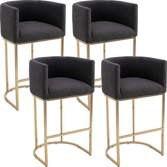 Modern Counter Height Linen Upholstered Bar Stools Set of 4, 32" Kitchen Counter Island Stools Bar Chairs with Gold Metal Frame for Kitchen Island, Charcoal