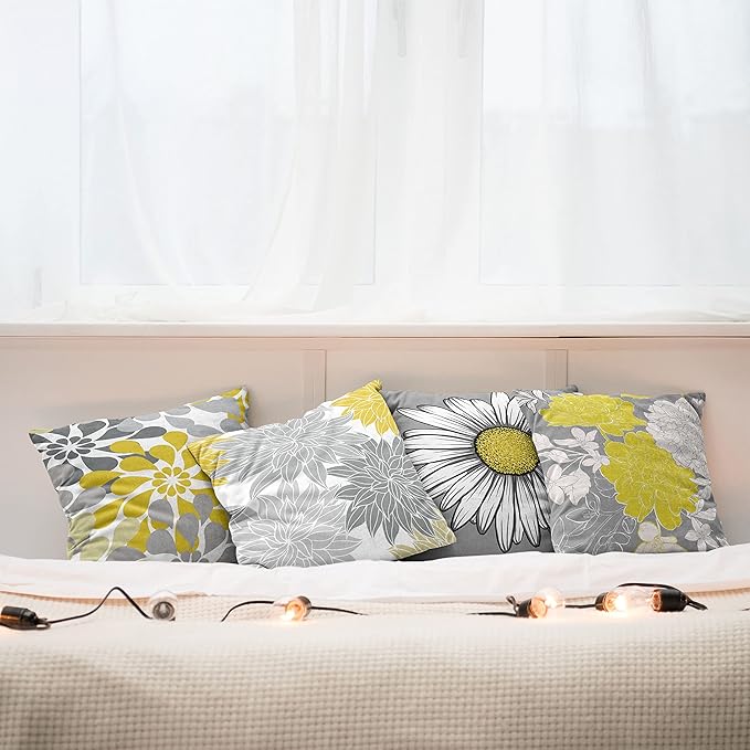 Ambesonne Floral Throw Pillow Cushion Case Pack of 4, Flower Petals Modern Color Palette Chamomile Peony Dahlia and Sunflower Print, Modern Accent Double-Sided Digital Printing, 20", Yellow and Grey