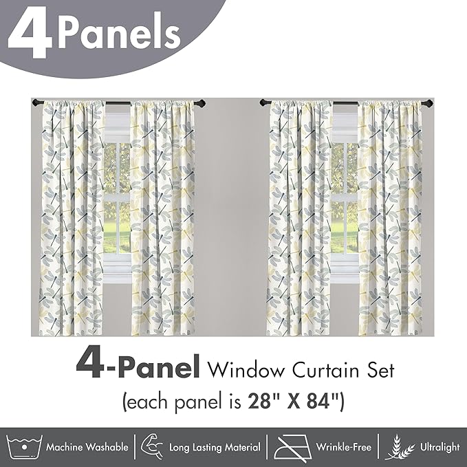 Ambesonne Dragonfly Window Curtains Pack of 2, Colorful Silhouettes of Exotic Insects Open Wings Beauty of Nature, Lightweight Set with Rod Pocket, 4 Panels of - 28" x 84", Green Mustard