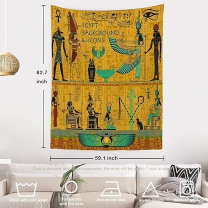 Batmerry Yellow Ancient Egyptian Tapestry, Horus Wall Art Hanging Decoration Polyester Fiber White Ruffled Around for Dorm Room Bedroom Living Room, 82.7x59.1 inches