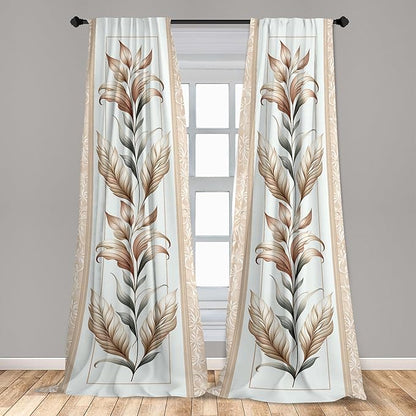 Ambesonne Vintage Window Curtains Pack of 2, Nostalgic and Botanical Concept Leaf Design with Antique Looking Motifs, Lightweight Set with Rod Pocket, 4 Panels of - 28" x 95", Ecru Pale Brown Green