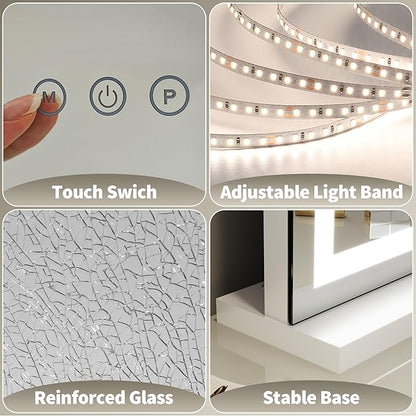 FENNIO 23" x 18" Vanity Mirror with Lights，LED Makeup Mirror，Hollywood Mirror with 3 Color Modes & Adjustable Brightness，Vanity Mirror Square White
