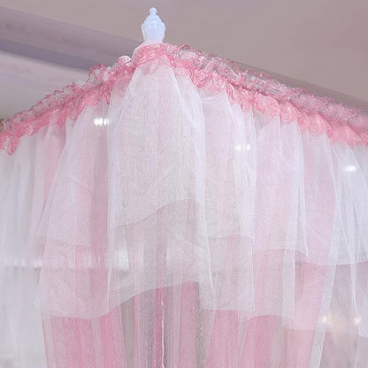Joyreap Luxury 4 Corners Post Canopy Bed Curtains - Pink & White Cozy Drape Netting - Cute Princess Style Bedroom Decoration Accessories (86" W x 78" L, King)