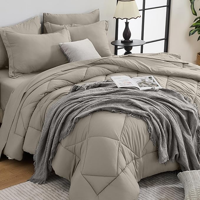 HEVUMYI Oatmeal Twin-XL Comforter Set - 5-Piece All Season Bed in a Bag Twin-XL, Ultra Soft Bedding Set with Comforter, Flat Sheet, Fitted Sheet, Pillowcases, Pillow Shams
