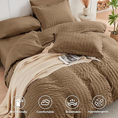 HYMOKEGE Brown Twin Comforter Set Seersucker 5 Pieces, All Season Luxury Bed in a Bag for Bedroom, Bedding Set with Comforter, Sheets, Pillowcase & Sham