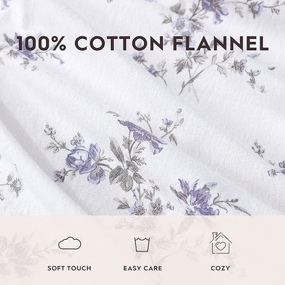 Laura Ashley - Flannel Sheets King Size, Anti-Pilling & Wrinkle Resistant Cotton, Touchably Soft for All-Season Comfort - Bed Sheets with Matching Pillowcases & Fitted Sheet (Jessika Lavender)