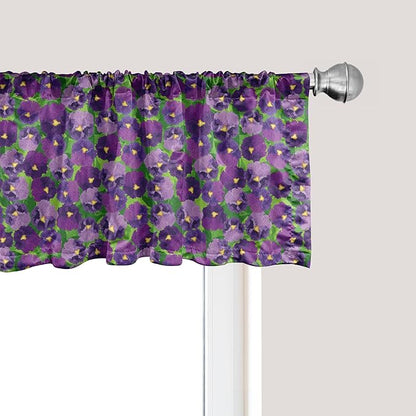 Ambesonne Botanical Window Valance Pack of 2, Green Field Full of Burgeoning Pansy Inflorescence Garden Flourish Bedding Plants, Rod Pocket Curtain Valances for Kitchen Bedroom, 54" X 12", Purple
