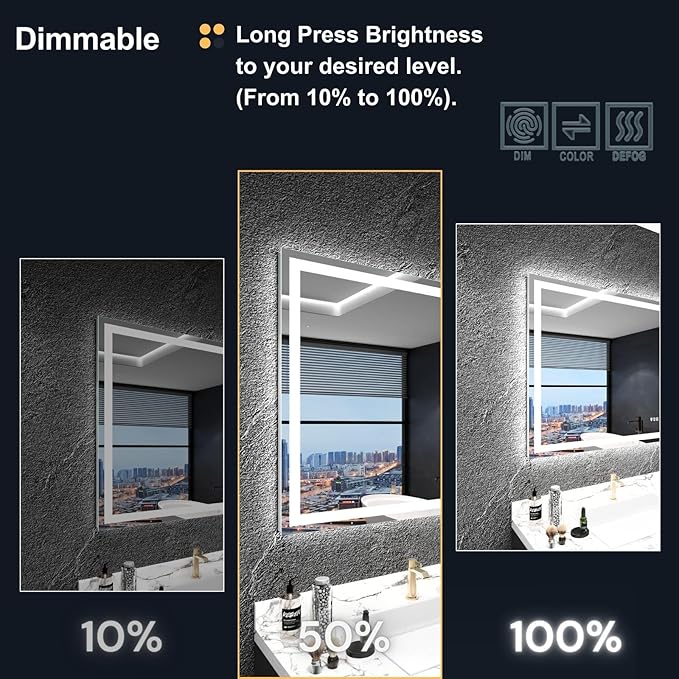 LED Bathroom Mirror 40"x 30",Front Lit and Backlit Bathroom Mirror with Lights,Stepless Dimmable,Anti-Fog, Shatter-Proof, Memory, 3 Colors Lighted Vanity Mirror (Horizontal/Vertical)