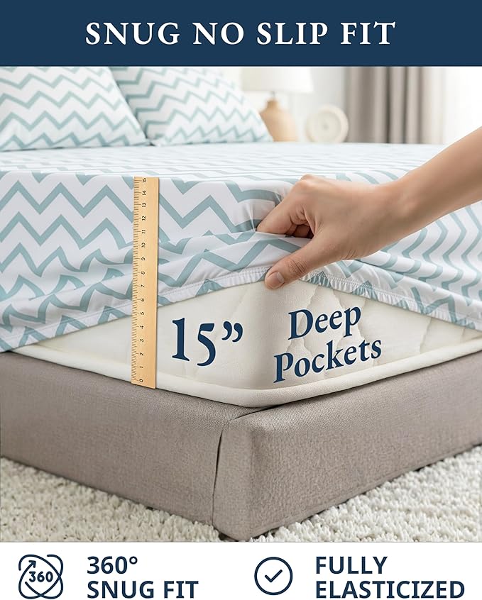 LANE LINEN 100% Cotton Fully Elasticized Twin XL Sheet Set, Printed Fade Resistant Machine Washable Extra Long Twin Bedding Set, Soft & Comfy Printed Cotton Sheets -Chevron