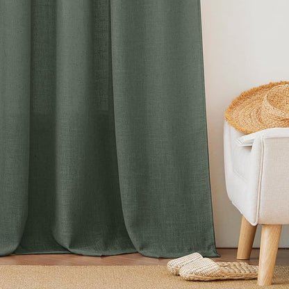 RYB HOME Green Linen Curtains 84 inches Long for Living Room Kids Room, Light Filtering Privacy Protection Home Decor 2 Panels Set for Sliding Glass Door, W 52 x L 84 inches, Hunter Green