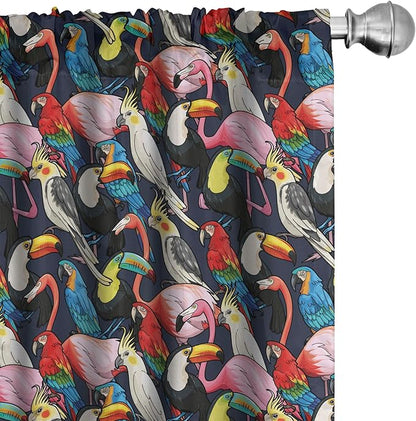Ambesonne Animal 2 Panel Curtain Set, Colorful Exotic Birds Cockatoo Flamingo Macaw Parrot Toucan Tropic Wildlife Art, Window Treatment Living Room Bedroom Decor, Pair of - 28" x 63", Red Grey