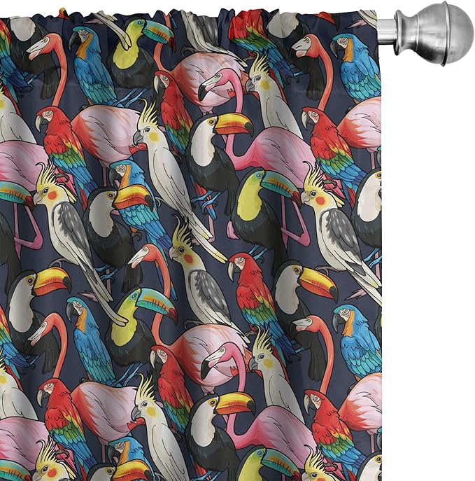 Ambesonne Animal 2 Panel Curtain Set, Colorful Exotic Birds Cockatoo Flamingo Macaw Parrot Toucan Tropic Wildlife Art, Window Treatment Living Room Bedroom Decor, Pair of - 28" x 95", Red Grey