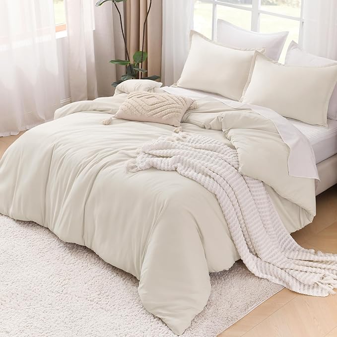 Litanika Comforters Beige Oversized Queen Size, 3 Pieces Lightweight Solid Bedding Comforter Set, All Season Fluffy Bed Set (98x98In Comforter & 2 Pillowcases)