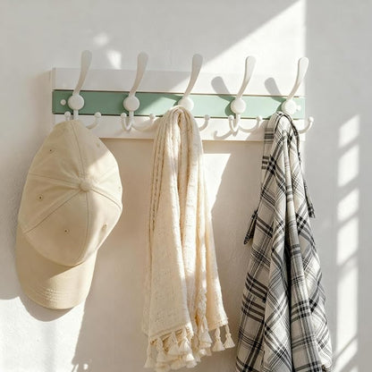 SKOLOO Coastal Wall Mounted Coat Rack - 17" Beach House Entryway Wooden Coat Hook with 5 Hooks for Hanging Coats, Hats or Towels, Oceanfront Cottage Core Collection, White & Green