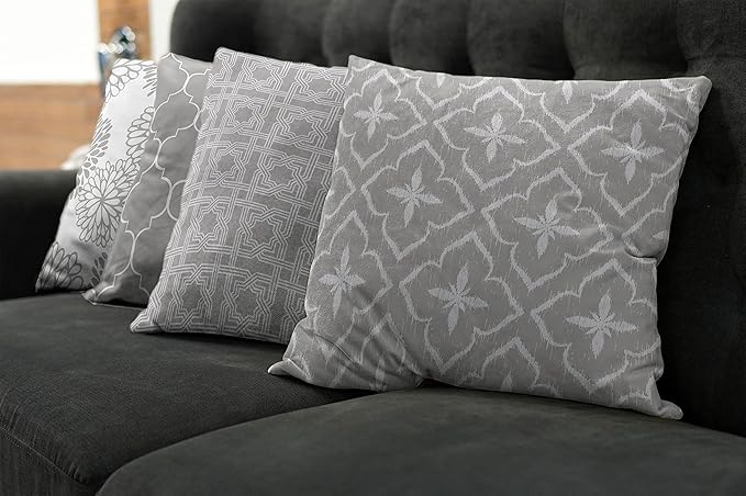 Ambesonne Vintage Throw Pillow Cushion Case Pack of 4, Monochrome Design Grid Trellis Quatrefoil Mesh and Dahlia Flowers Modern Print, Modern Accent Double-Sided Digital Printing, 24", Grey White