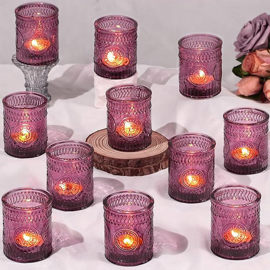 DARJEN Purple Votive Candle Holders Set of 36- Glass Tea Light Candles for Purple Candles, Embossed Candle Votives for Wedding Table Centerpiece, Party & Home Decor