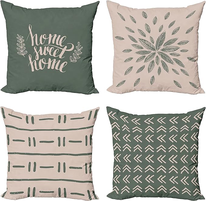 Ambesonne Modern Throw Pillow Cushion Case Pack of 4, Scandinavian Minimal Ornaments Boho Feather Leaves and Home Phrase, Modern Accent Double-Sided Digital Printing, 24", Pale Tan and Reseda Green