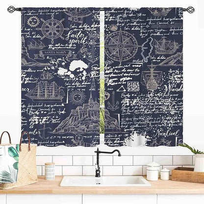 Vintage Nautical Curtains, Marine Coastal Sailboat Compass Anchor Ocean Beach Old Pirate Map Navy Blue Blackout Retro Drapes for Bedroom Living Room Kitchen Bathroom Window 2 Panels, 55x39 Inch