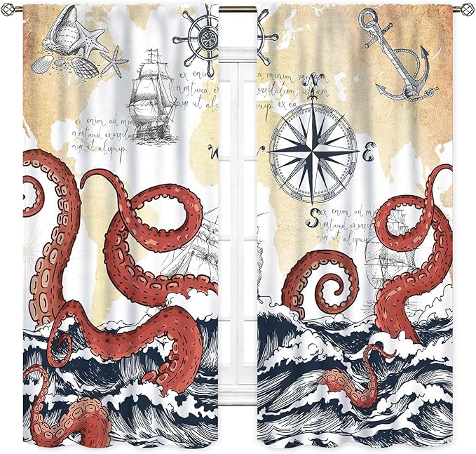 Nautical Octopus Curtains, Coastal Old Pirate Map Sailboat Compass Ocean Wave Kraken Octopus Tentacles Vintage Window Drapery Treatment for Bedroom Living Room Kitchen Bathroom 2 Panels, 42"x54" Inch