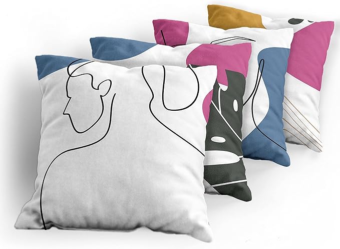 Ambesonne Minimal Throw Pillow Cushion Case Pack of 4, Modern Line Art Woman Portrait with Contemporary Leafy Geometric Details, Modern Accent Double-Sided Digital Printing, 20", Slate Blue Pink Amber