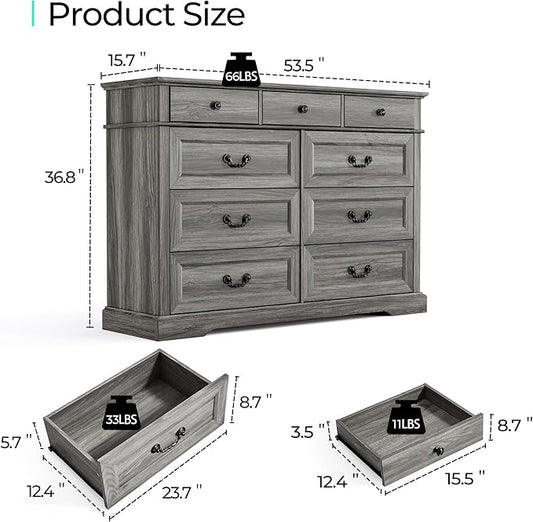 LINSY HOME Farmhouse 9-Drawer Dresser - Grey Chest of Drawers for Bedroom and Living Room Organization, Wood Dresser with Ample Storage Space and Rustic Charm, Grey