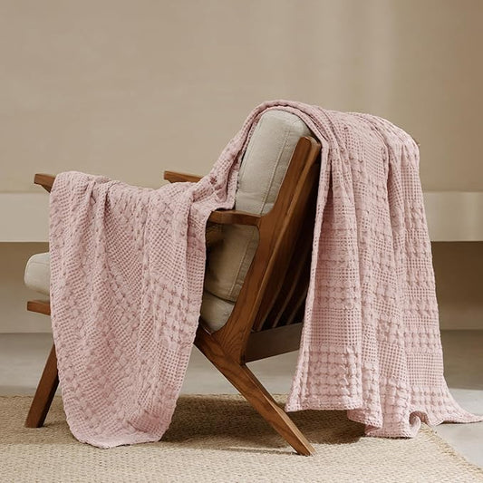 PHF 100% Cotton Waffle Weave Throw Blanket, Soft Lightweight Breathable Cozy Throws for Couch Bed Sofa, Luxury Aesthetic Woven Blanket for Home Decor & Office, 50"x60", Pink/Mauve