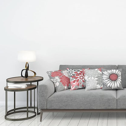 Ambesonne Floral Throw Pillow Cushion Case Pack of 4, Flower Petals Modern Color Palette Chamomile Peony Dahlia and Sunflower Print, Modern Accent Double-Sided Digital Printing, 20", Dark Coral Grey