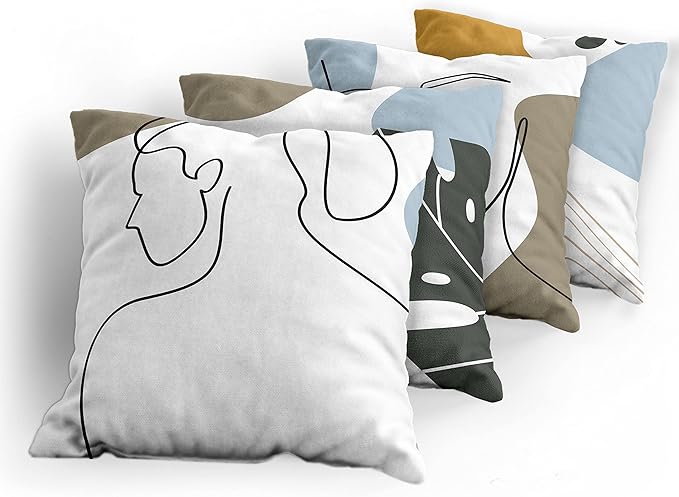 Ambesonne Minimal Throw Pillow Cushion Case Pack of 4, Modern Line Art Woman Portrait with Contemporary Leafy Geometric Details, Modern Accent Double-Sided Digital Printing, 16", Baby Blue Taupe Amber