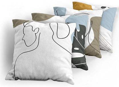 Ambesonne Minimal Throw Pillow Cushion Case Pack of 4, Modern Line Art Woman Portrait with Contemporary Leafy Geometric Details, Modern Accent Double-Sided Digital Printing, 16", Baby Blue Taupe Amber