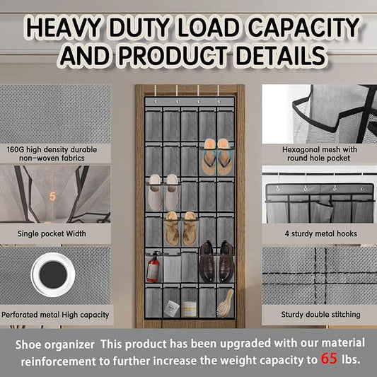 2PCS Over the Door Shoe Organizer with 30 Breathable Mesh Pockets - Large Capacity Closet Storage for Men & Women, Hanging Shoe Rack Organizer -Gray