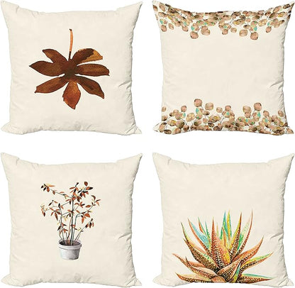 Ambesonne Botanical Throw Pillow Cushion Case Pack of 4, Minimalist Watercolor Painting Leaves Agave Branches Plant in a Pot, Modern Accent Double-Sided Digital Printing, 18", Chocolate and Pale Brown