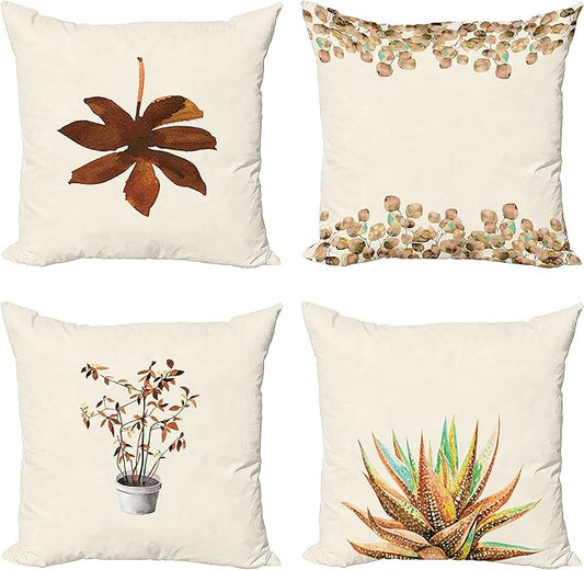 Ambesonne Botanical Throw Pillow Cushion Case Pack of 4, Minimalist Watercolor Painting Leaves Agave Branches Plant in a Pot, Modern Accent Double-Sided Digital Printing, 24", Chocolate and Pale Brown