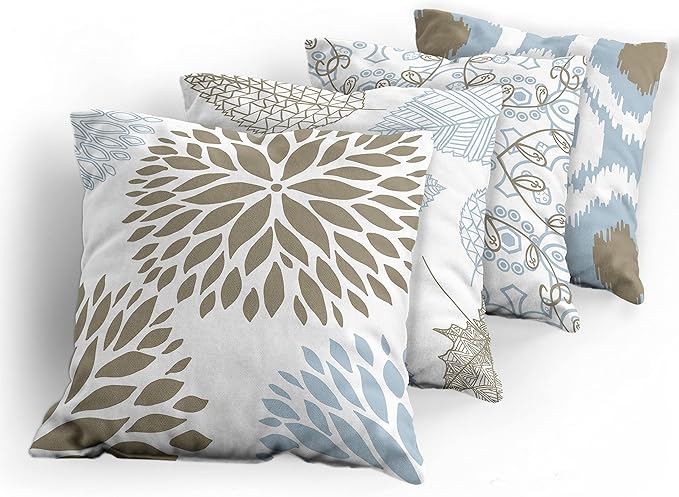 Ambesonne Vintage Throw Pillow Cushion Case Pack of 4, Bohemian Ornamental Leaves Dahlia Pattern Geometric Art Curlicue Motif, Modern Accent Double-Sided Digital Printing, 24", Blue Grey and Cocoa